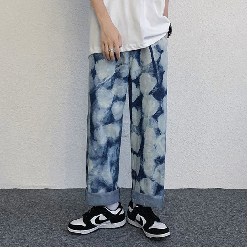 sanyamk New Spring Autumn Denim Pants Men Tie-Dye Sports Straight Casual Jean Pants Men's Hip-Hop High Street Trendy Wide-Leg Jeans