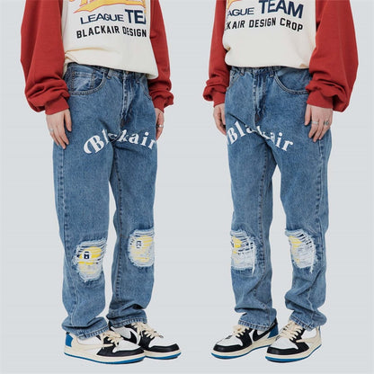 Bonsir High Street Ink Printing Letter Jeans Men Loose Hip Hop Smiley Face Ripped Hole Denim Pants Straight Jeans Male