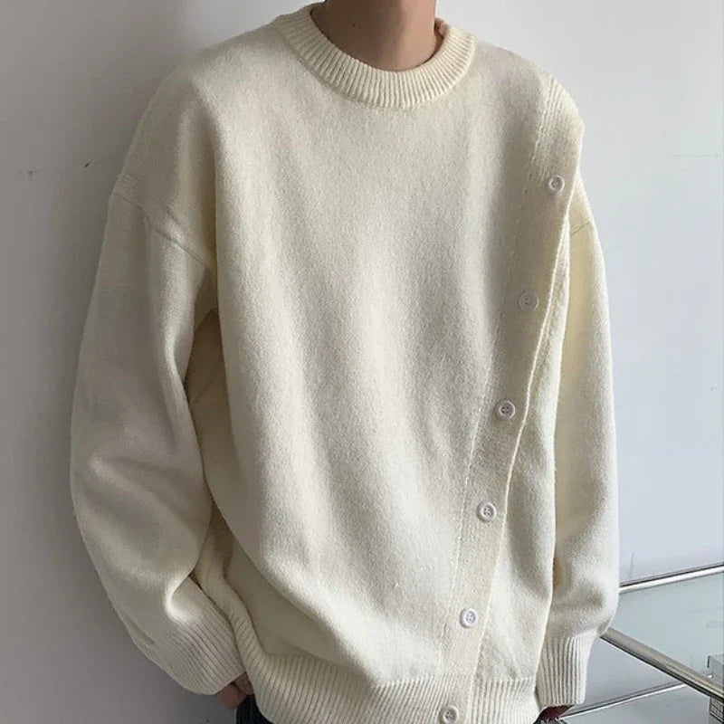 Bonsir Winter Solid O-neck Buttoned Slit Sweaters Couples Loose Casual High Street Pullovers Men Knitted Tops Male Clothes