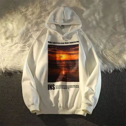 Bonsir EU Size Couples Autumn Winter Sunset Dusk Print Hoodies Men Women Hip Hop Pullover Jackets Fashion Oversized Streetwear Tops