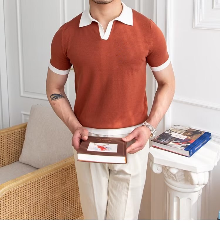 sanyamk New Summer Polo Shirt Color Contrast Knitted Polo Mens Polo Collar Versatile T-Shirt Fashion Trend New Product