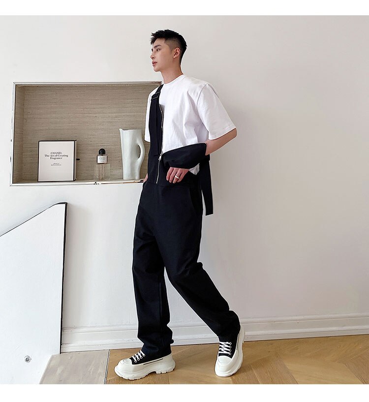 Bonsir Men's Loose Casual Overalls Pants Men Korean Japan Korean Streetwear Fashion Black White Bib Pant Male Cargo Jumpsuit Trousers