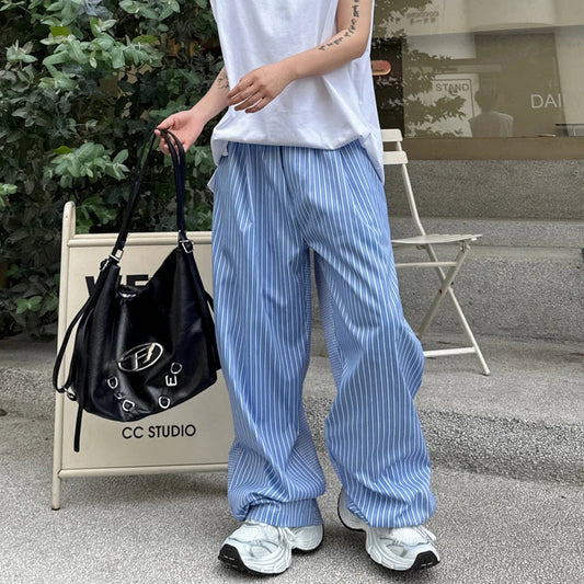 Bonsir 2024 Spring New Stripe Printed Stylish Handsome Straight Pants Original Trendy Street Korean Men Wide Leg Trousers