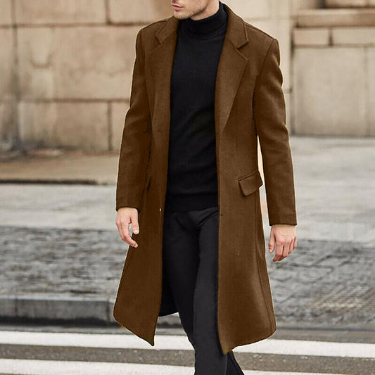 Bonsir Fashion Male Thick Notch Collar Woolen Coats Long Sleeve Midi Jackets Clothing Streetwear Vintage Solid Buttoned Blazer Jackets