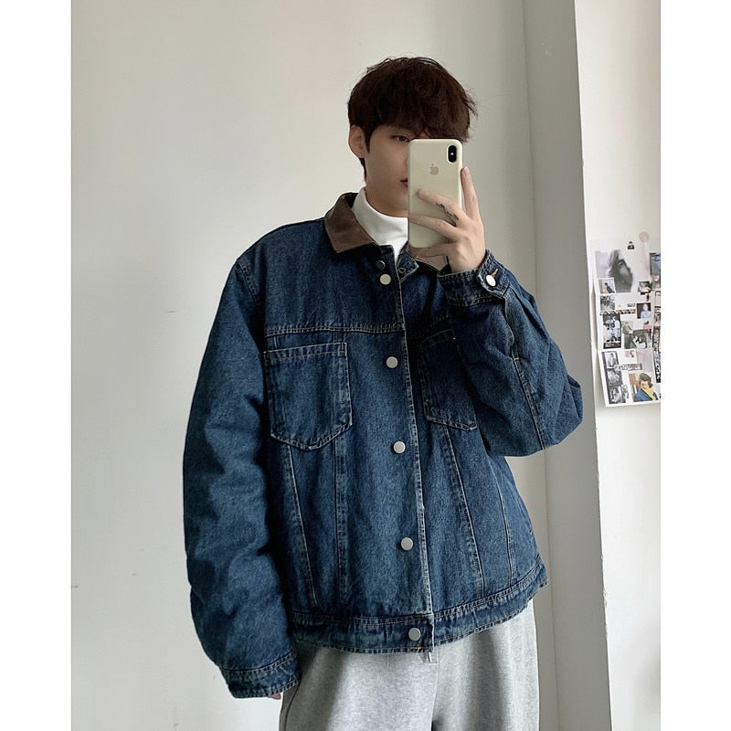 sanyamk Winter Men's PU Collar Cotton-padded Clothes Blue Color Denim Snow Jacket Fashion Trend Coats Keep Warm Cowboy Parkas