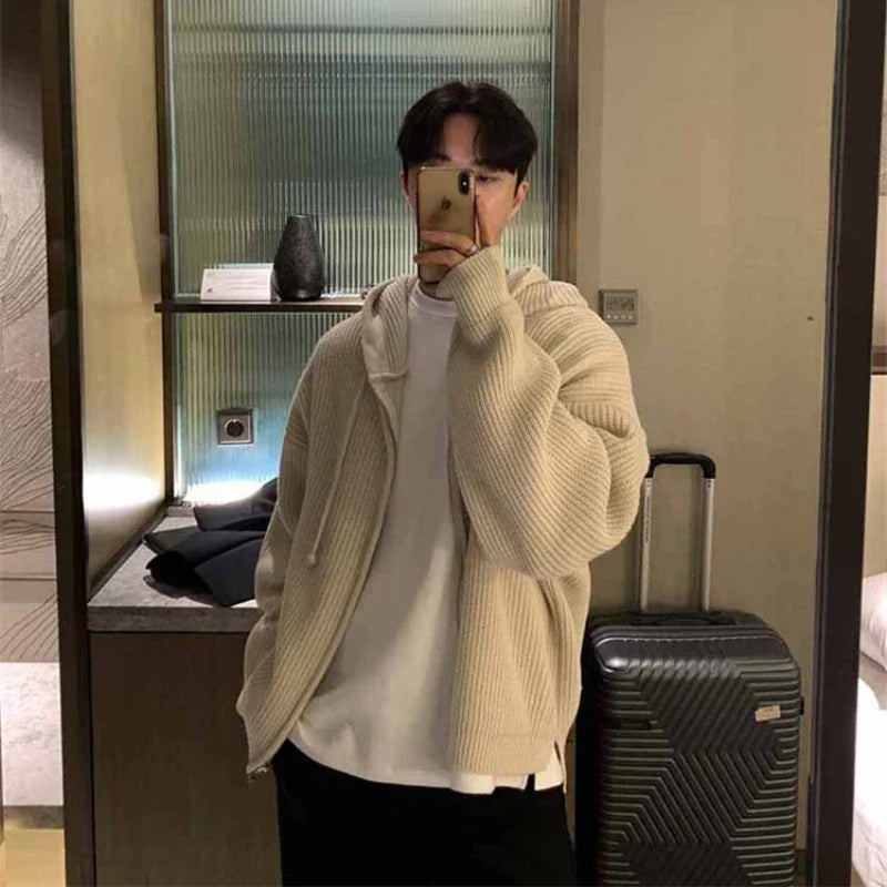 sanyamk Winter Sweater Cardigan Men Warm Oversized Knitted Hooded Sweater Coat Men Korean Loose Cardigan Sweater Mens Jumper Clothes