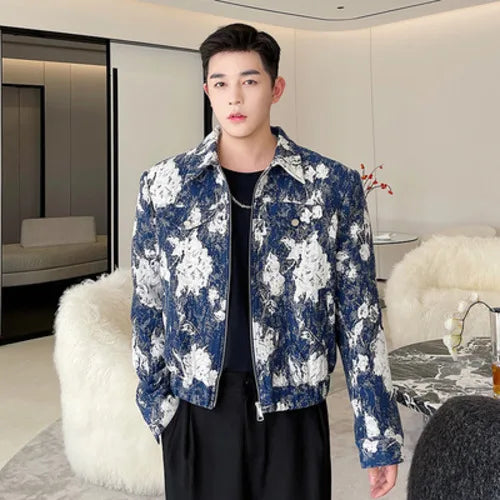 sanyamk Fashion Lapel Printed Elegant Casual Short Jacket Men's 2024 Spring Trendy High Quality Street Korean Luxury Coat