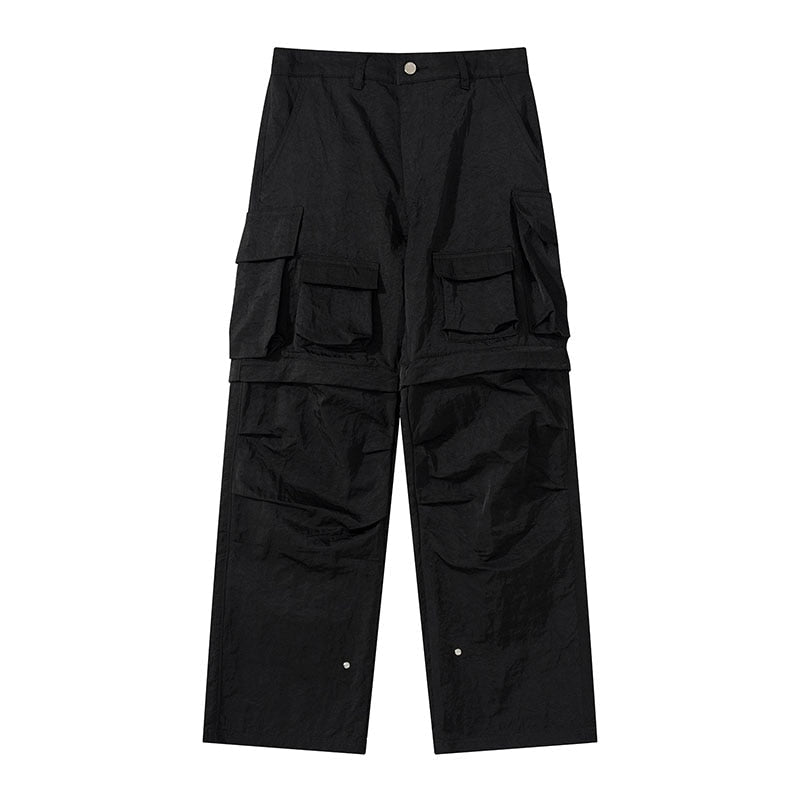 Bonsir Solid Color Knee Detachable Multi-pockets Mens Cargo Pants Elastic Waist Straight Casual Trousers Loose Streetwear Overalls