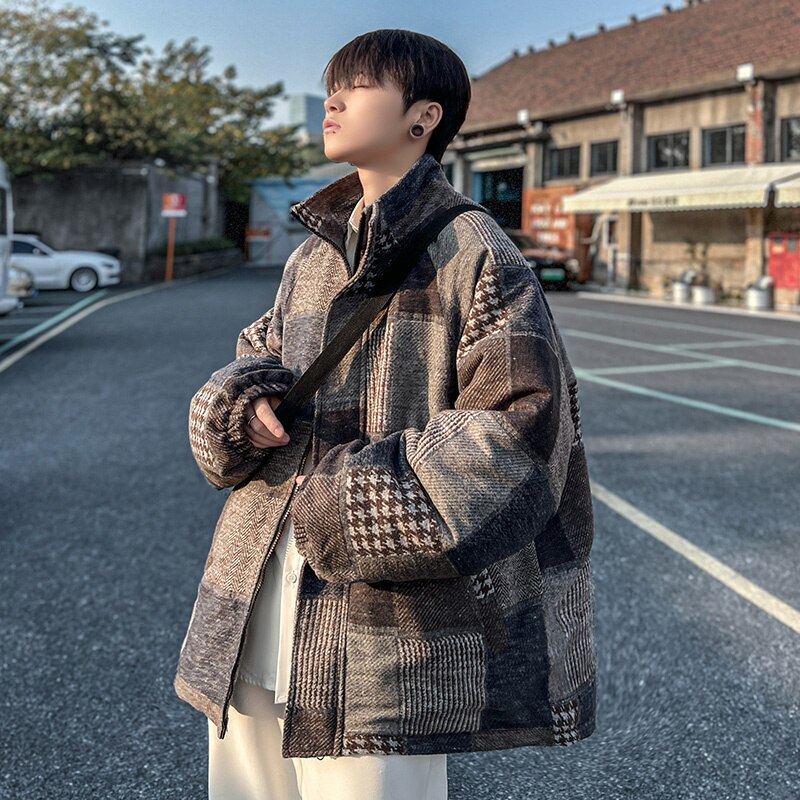 Bonsir Winter Jacket Men Warm Fashion Retro Thick Plaid Jacket Men Streetwear Korean Loose Thicken Short Coat Mens Clothes S-3XL