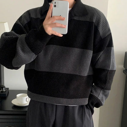 sanyamk  -  Men's Autumn Winter Sweater Contrast Color Stripe Knit Pulover Tops Korean Style Fashion Sweatshirts Loose Casual 9C1652