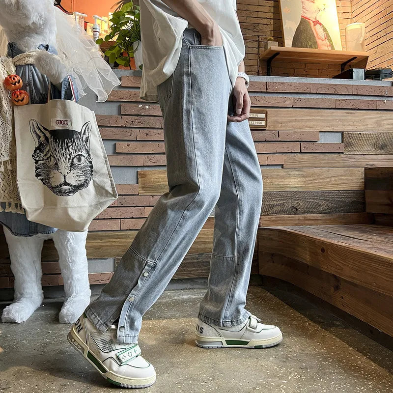 sanyamk American Side Zipper Trendy Street Distressed Jeans Men's Spring and Autumn Casual Loose Straight Hiphop Pants Y2k Pants