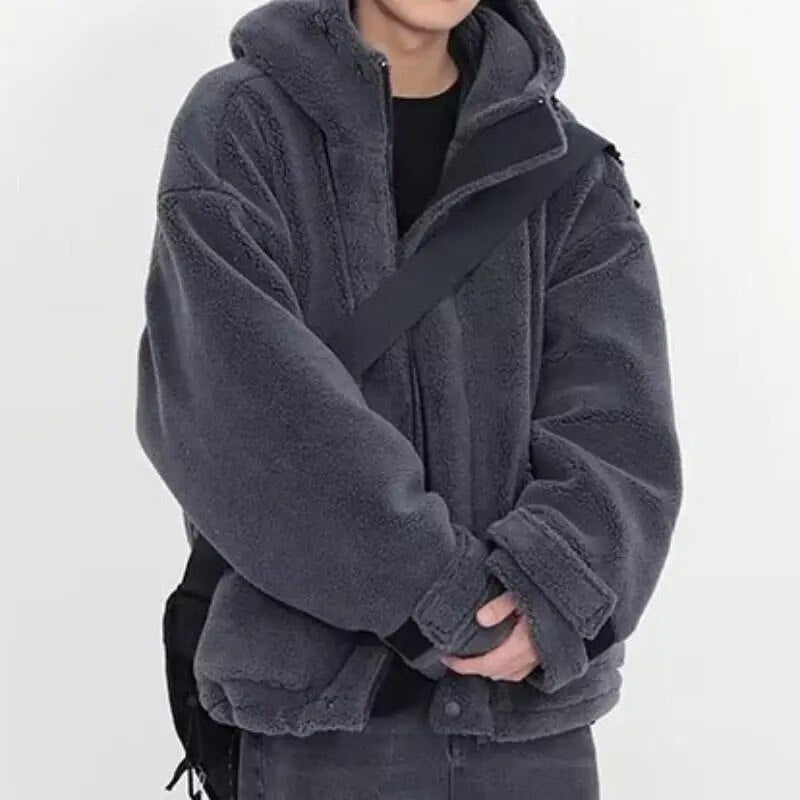 sanyamk Winter Thick Warm Oversized Dark Grey Sherpa Jackets Autumn Men Hoodie Zip Up Fluffy Loose Casual Faux Lamb Fur Male Coat