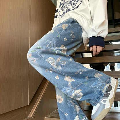 sanyamk 2024 Mens Fashion Floral Printed Jeans Korean Style Autumn Denim Pants High Street Loose Trousers Hip Hop Wide-leg Jean Pants