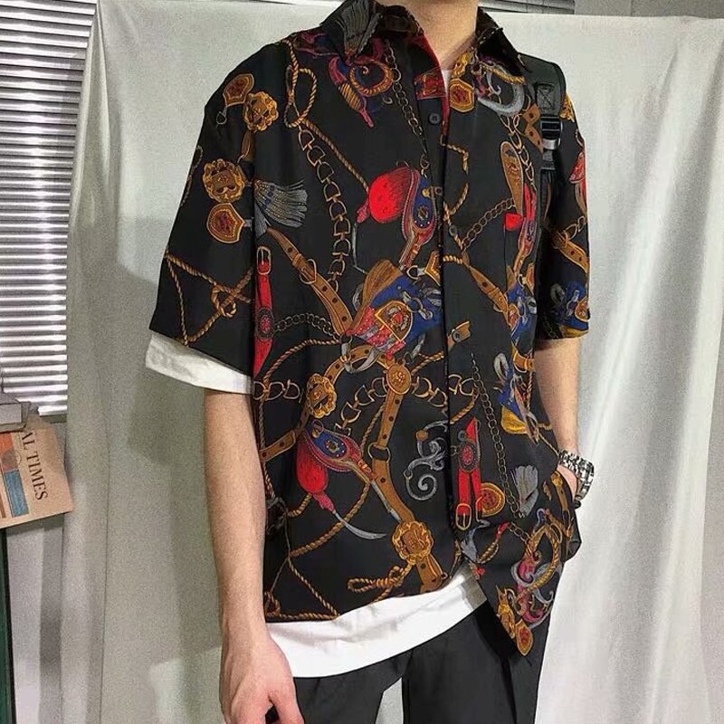 Bonsir Vintage Pattern Print Shirt Men Fashion Short Sleeve Button-down Lapel Shirts Mens Clothing Summer Casual Top For Man Streetwear