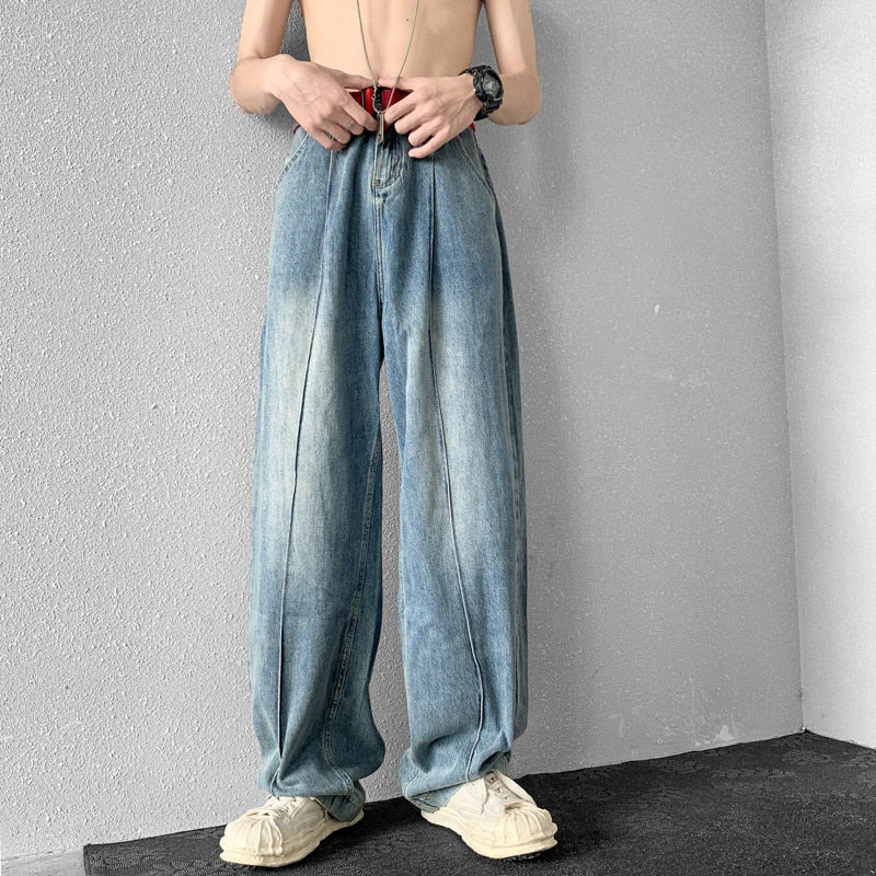 sanyamk Summer Blue/White Baggy Jeans Men Fashion Casual Straight Jeans Mens Streetwear Loose Hip Hop Wide Legs Denim Pants Men M-2XL