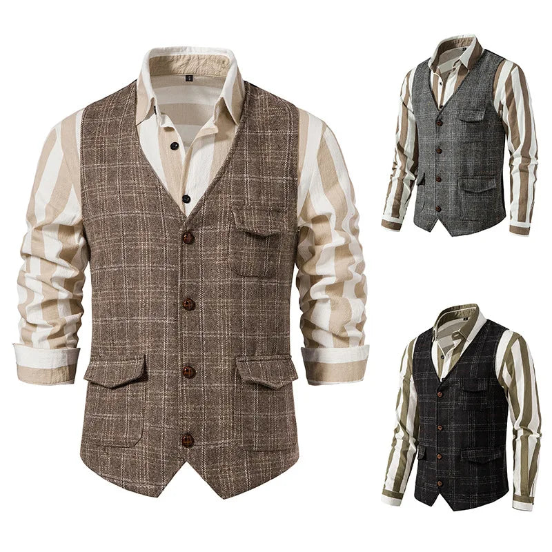 sanyamk Men's Suit Vest Single Breasted Retro Tweed Amikaki Plaid Business Daily Casual Vest