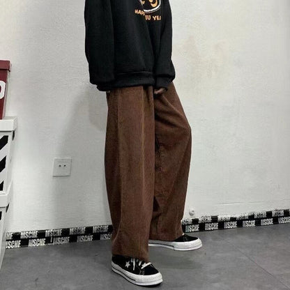 sanyamk Men's Korean Style Retro Trend Sweatpants Corduroy Fabric Solid Color Straight Casual Pants Loose Brown Color Trousers