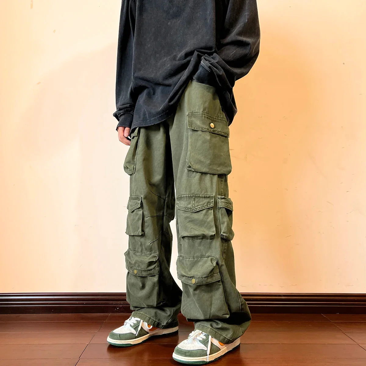 sanyamk Cargo Pants Multi-pockets Tooling Pant Harajuku Men's Vintage Loose Wide Leg Pants Streetwear Casual Hip-hop Mopping Trousers