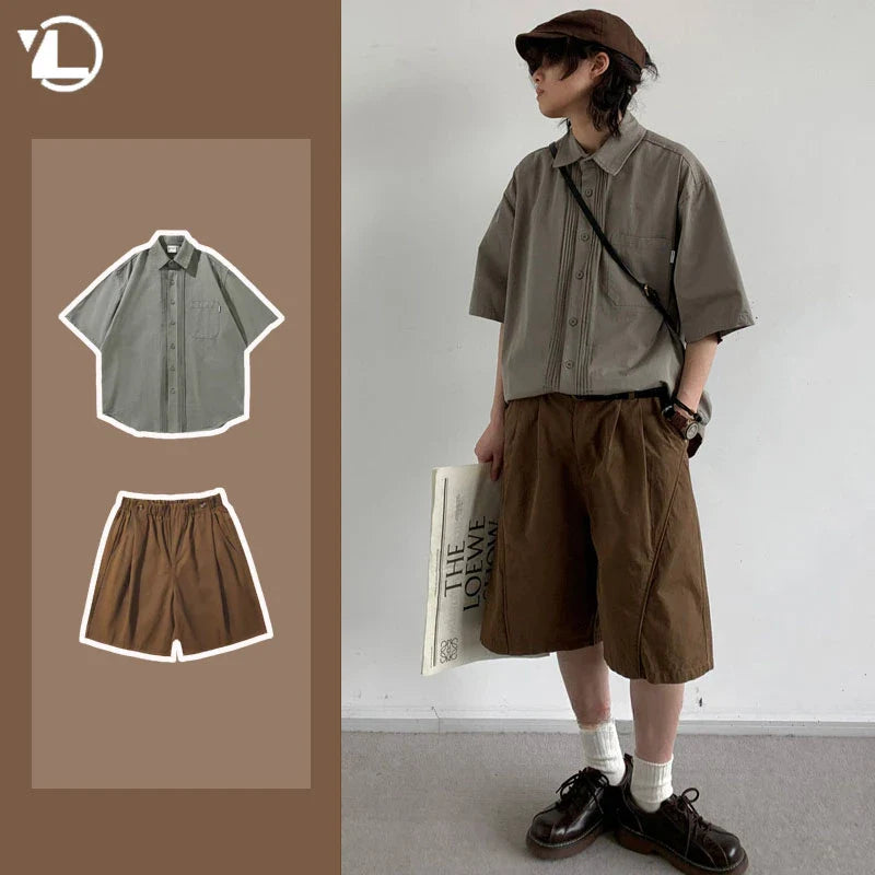 sanyamk 2024 Summer College Casual Set Mens New Simplicity Solid Short Sleeved Shirt+Wide Leg Shorts Suit Japanese Harajuku 2-pcs