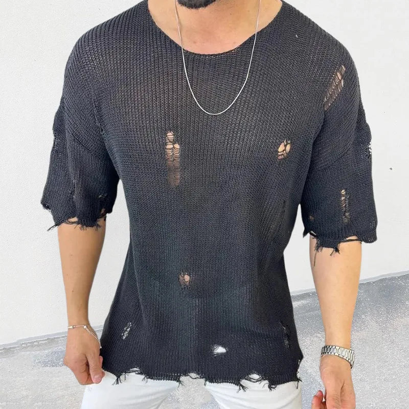 sanyamk 2024 Summer Men Sweater Thin Short Sleeve O-neck Knitted T-shirt Tops Casual Hollow Loose Knit Shirt Pullover Male Streetwear