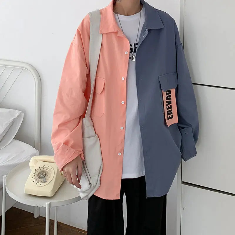 sanyamk  New Spring and Autumn Leisure Simple Flip Collar Letter Print Panel Contrast Loose Oversized Long Sleeved Men's Shirt Coat