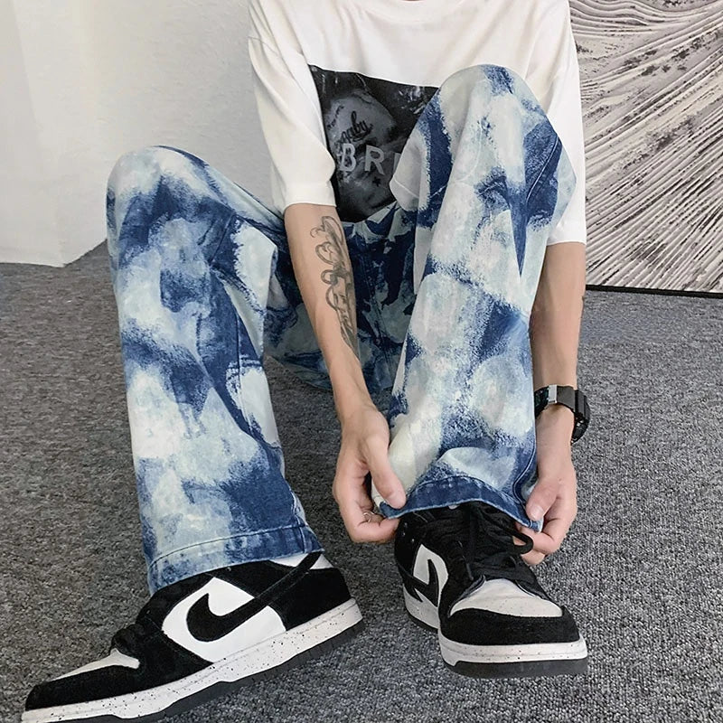 sanyamk New Spring Autumn Denim Pants Men Tie-Dye Sports Straight Casual Jean Pants Men's Hip-Hop High Street Trendy Wide-Leg Jeans