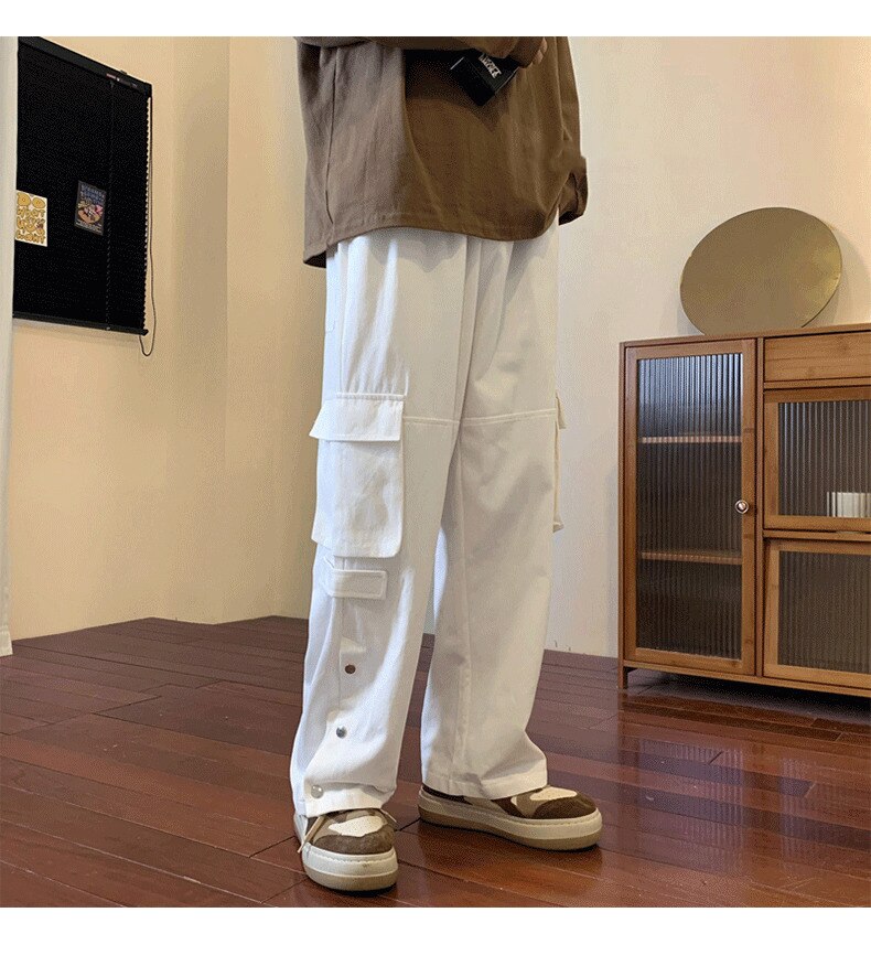 Bonsir Large Pocket Cargo Pants  Neutral Wide Leg Casual Trousers Loose Straight  Hip Hop  Men's Pants Harajuku Women's Trousers