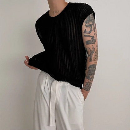 sanyamk  Out Solid Knitted Shirt Men's Sexy Tank Top Summer Loose Knit Vest Korean O Neck Sleeveless Tees See Through Undershirts