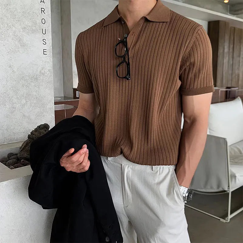 sanyamk Summer Men's Retro Knitting Lapel Stripe POLO Shirt Solid Color Thin Cozy Short Sleeve T-Shirt 2024 New