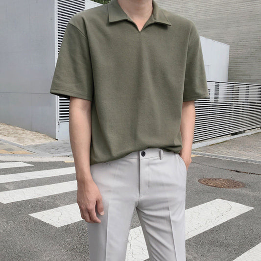 sanyamk Japanese V-neck Short Sleeve Vintage Tshirt Men Korean Fashion Summer New Simple Solid Color Polo Shirt Half-sleeve Top