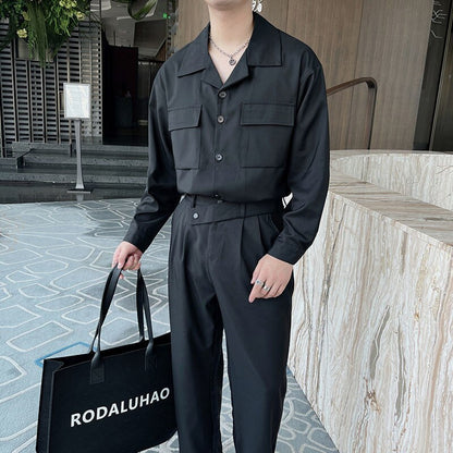 sanyamk Autumn Grey Black Sets Men Fashion Retro Pocket Long-sleeved Shirt/trousers Two-piece Men Korean Loose Casual Mens Sets M-2XL