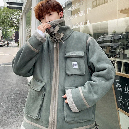 Bonsir Winter Leather and Fur Integrated Cotton Clothes Men Jackets Warm Coat  Autumn Streetwear Harajuku New Korean Unisex Top Coat