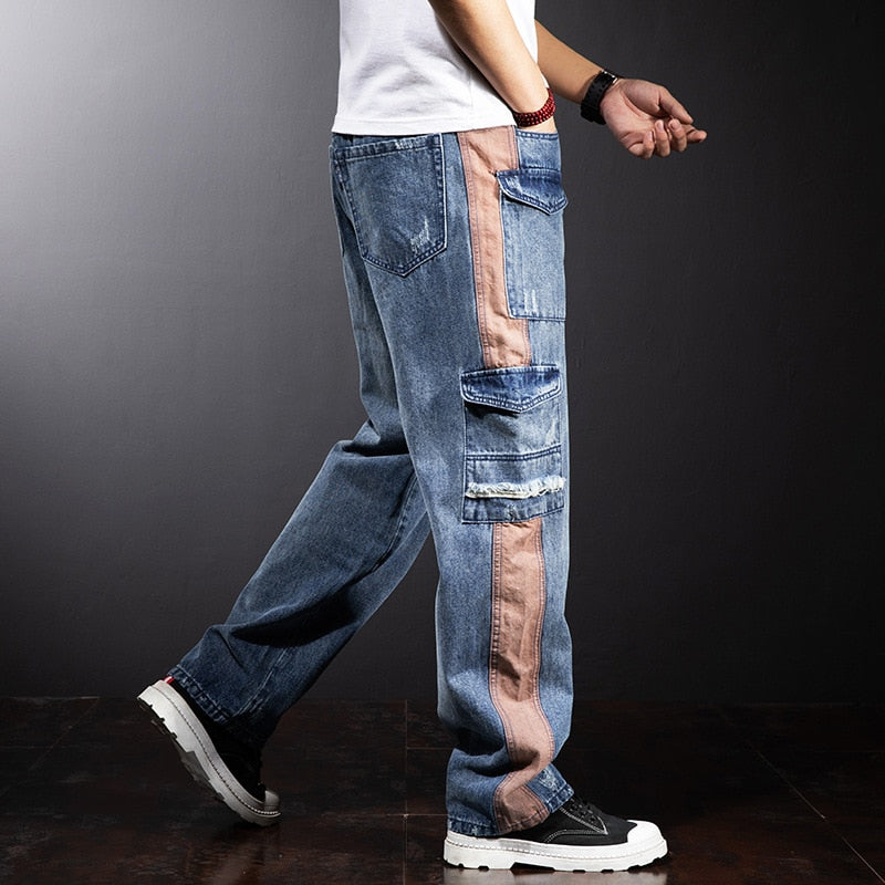 Bonsir Plus Size Jeans Men Denim Pants Baggy Jeans Pants Streetwear Patchwork Trousers Male Big Size Bottoms Fashion Causal