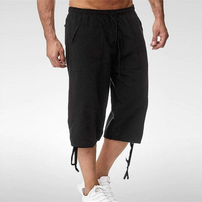 Bonsir Casual Solid Color Crop Pant Men Summer Streetwear Calf-length Pant For Mens Fashion Drawstring Tie-up Loose Straight Pant