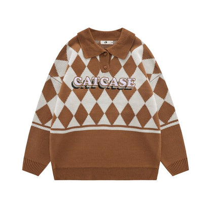 Bonsir Color Match Plaid Lapel Letter Embroidery Autumn Sweater for Male and Female High Street Patchwork Pullover Loose Clothes