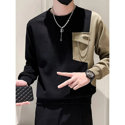 Bonsir Men Trendy Patchwork Chain Pocket Design High Street Sweatshirt Autumn Korean O Neck Long Sleeve Loose Pullover Tops Ropa Hombre