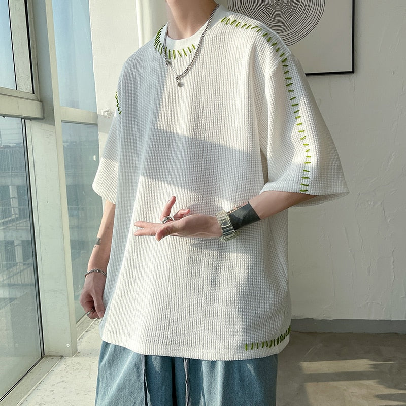 sanyamk Men Summer Quality T Shirts Manual Suture Harajuku Casual Tshirt For Male New Neutral Oversize Tees Short Sleeve Tops