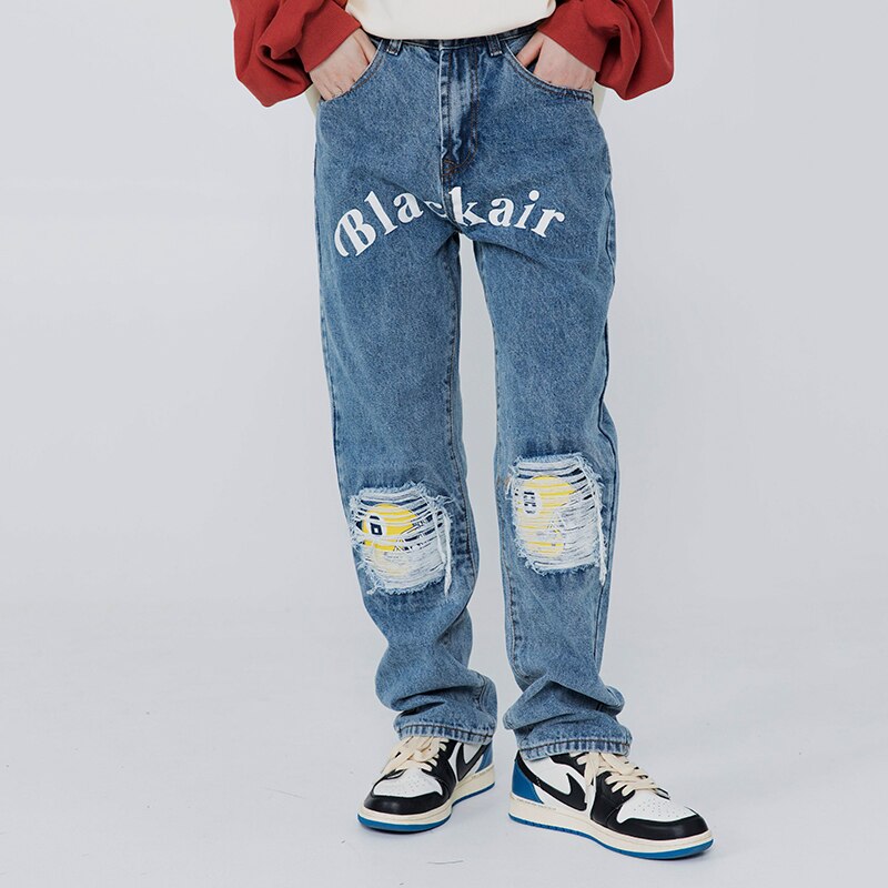 Bonsir High Street Ink Printing Letter Jeans Men Loose Hip Hop Smiley Face Ripped Hole Denim Pants Straight Jeans Male