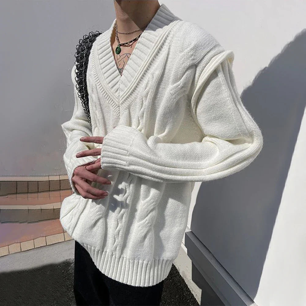 sanyamk Mens Autumn Winter V-Neck French Twist Knitted Sweater Essential Genderless Retro Casual Youthful Fashion Couple Sweater Unisex