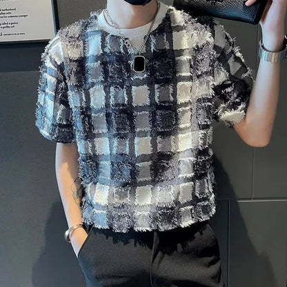 sanyamk  - 2024 Summer Vintage Plaid Crochet Mens T Shirt Short Sleeve O Neck Pullover Top Men Fashion Slim Fit T-shirts 
Men's Streetwear