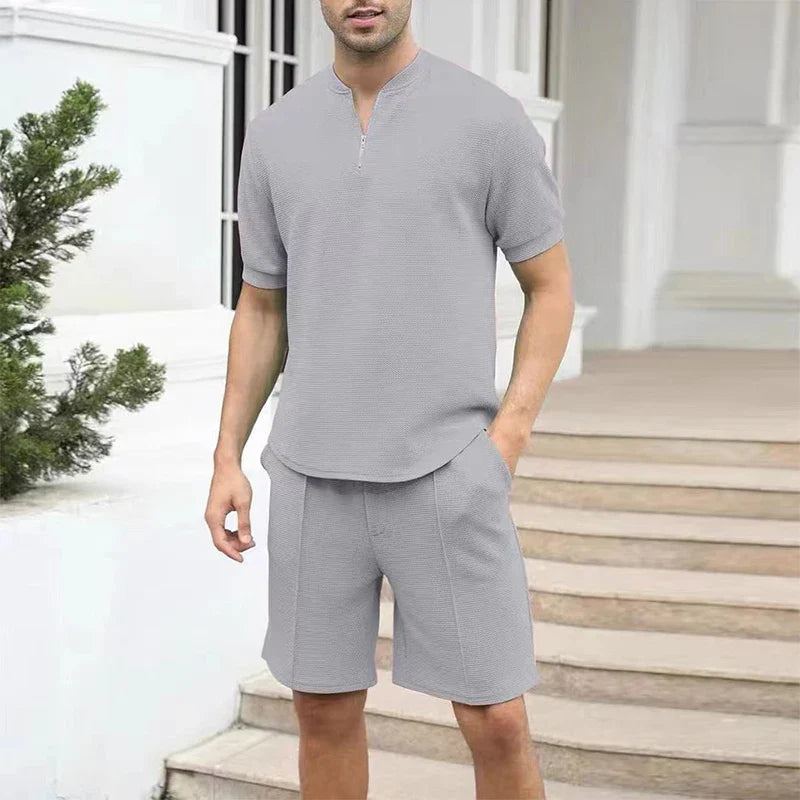 sanyamk New Casual Two Piece Sets Mens Outfit 2024 Spring Summer Fashion Zipper V Neck Short Sleeve T Shirts And Shorts Men Solid Suits