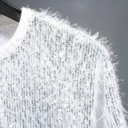 sanyamk  -  Men Women Sequin Tassels Stage Fashion Show Loose Casual Short Sleeve Tee Shirts Unisex T-shirt Party Clothing Couple Tshirts