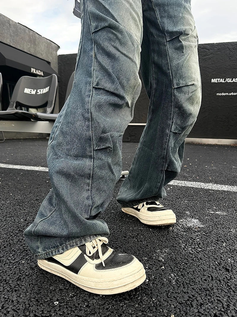 Bonsir White Crane Big American Hip Hop Street Pleated Washed Jeans Men's Rugged and Handsome Straight Leg Pants In Fashion