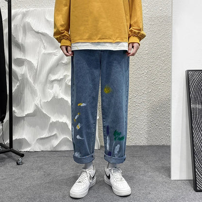 sanyamk Blue Denim Pants Men Graffiti Jeans New Straight Jean Pants Man Casual Baggy Neutral Denim Trousers Men's and Women's Pants