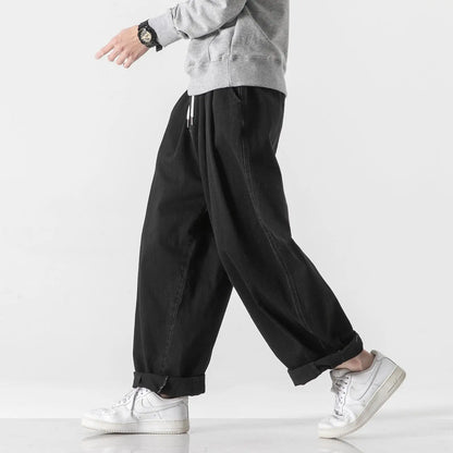 sanyamk New Casual Loose Harem Jeans Men's Japanese Fashion Baggy Straight Wide Leg Pants Couple Streetwear Pants Black/Navy blue