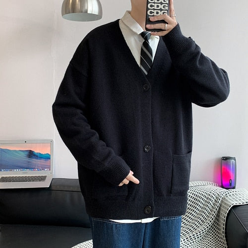 Bonsir Men's Cardigan Sweater Knitwear Jacket Spring Autumn V-neck Long Sleeves Single-breasted Pockets Loose Casual Linen Sweaters