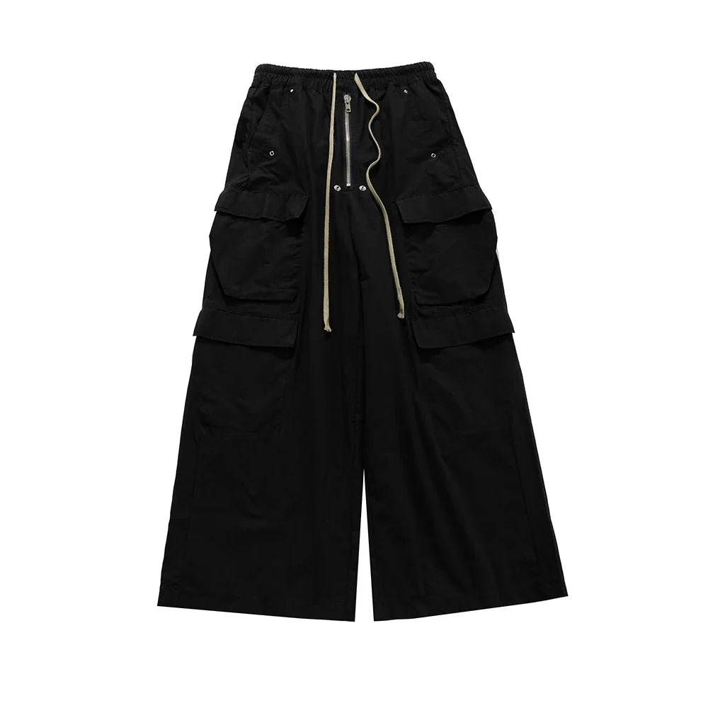 Bonsir Wide Leg Drawstring Black Cargo Pants Unisex Straight Baggy Casual Overalls Men's Streetwear Loose Oversized Trousers