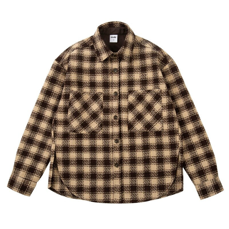 Bonsir Side Split Irregualr Hem Color Match Plaid Long leeve Shirts Men's Autumn Pockets Streetwear Oversized Checkered Top Tees