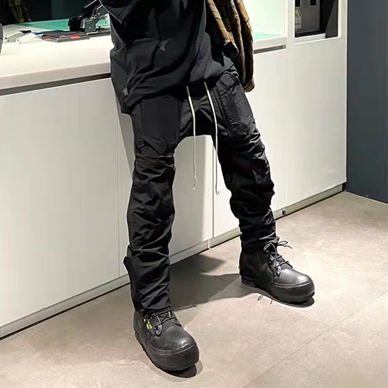 Bonsir High Street Vibe Style Drawstring Black Casual Trousers Retro Straight Oversized Pockets Harajuku Hip Hop Mens Track Pants