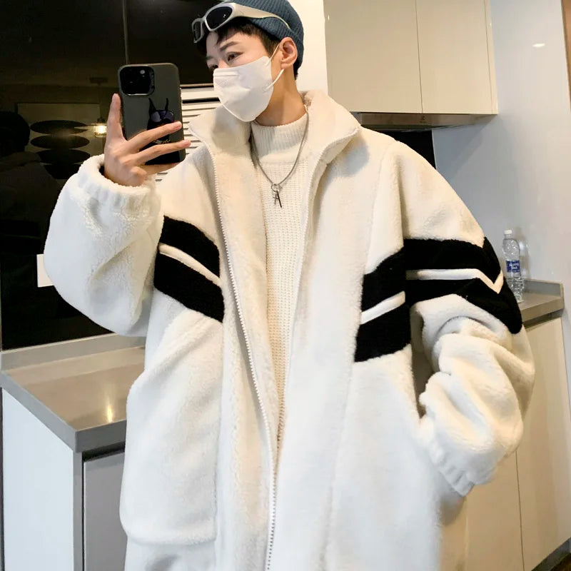 sanyamk Striped Berber Fleece Jacket Men Stand Collar Winter Parka Coat Men Casual Loose Thick Warm Jackets Man Plus Size 3XL-M